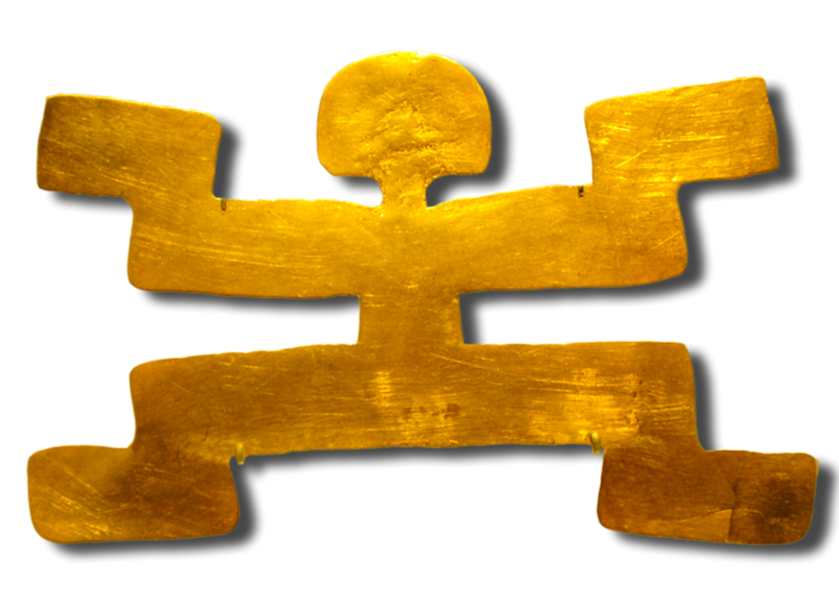 olima pectoral representing a symmetrical human figure in a ritual posture, the legs mirror the arms