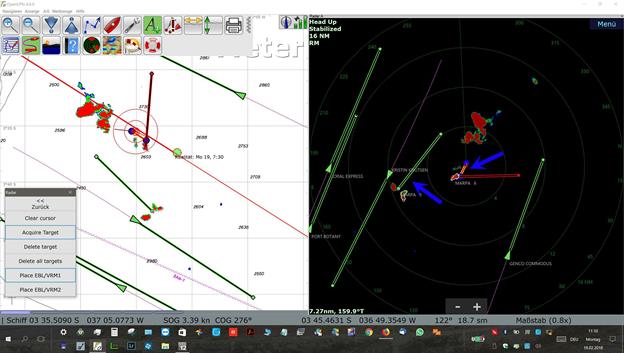 Die selektttierten Ziele auf dem Radar werden in das AIS-System den Navigationsprogramms eingespiesen (die grossen roten Flecken vor unserem Schiff zeigt starken Regen).